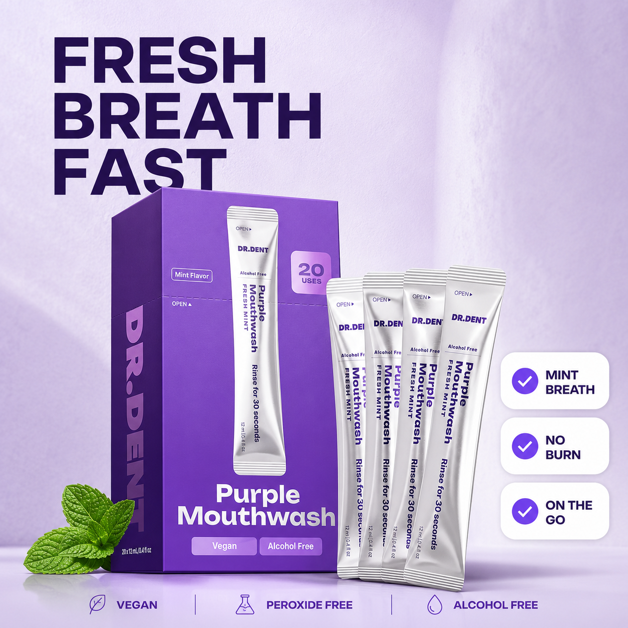 DentFresh Purple Mouthwash Sachets - 20 Pack Portable Mint Rinse